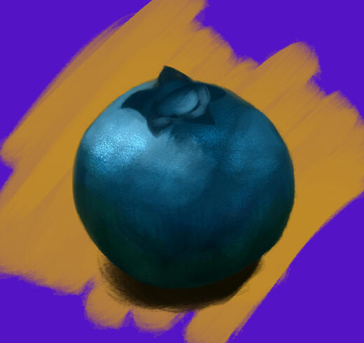 A shiny blueberry painted on a yellow and purple background.