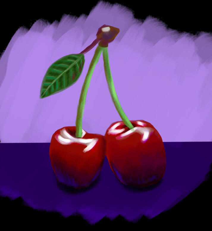 Two shiny red cherries digitally painted on a purple background.